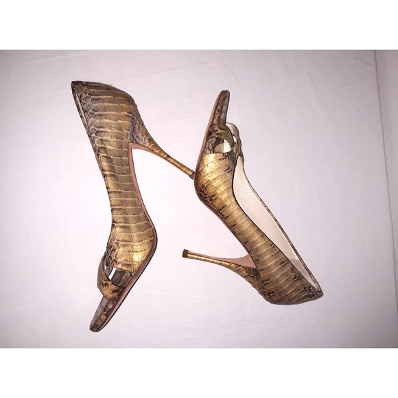 Miu Miu Snakeskin with Metallic Gold Highlights Open Toe Pumps 37 IT - Picture 7 of 11